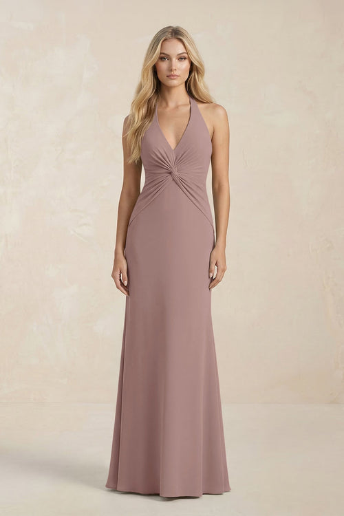 Ruched V - Neck Sheath Bridesmaid Dress With Bow in Toffee - KISS BRIDAL Bridesmaid Dresses