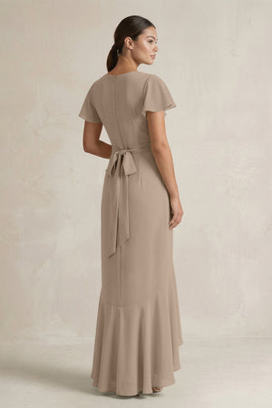 Rufffled V-Neck Sheath Chiffon Bridesmaid Dress in Almond (2) | KISSBRIDAL