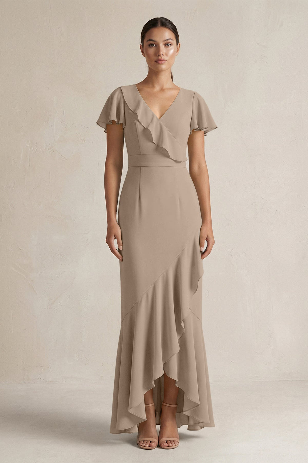 Rufffled V-Neck Sheath Chiffon Bridesmaid Dress in Almond