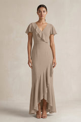 Rufffled V-Neck Sheath Chiffon Bridesmaid Dress in Almond | KISSBRIDAL