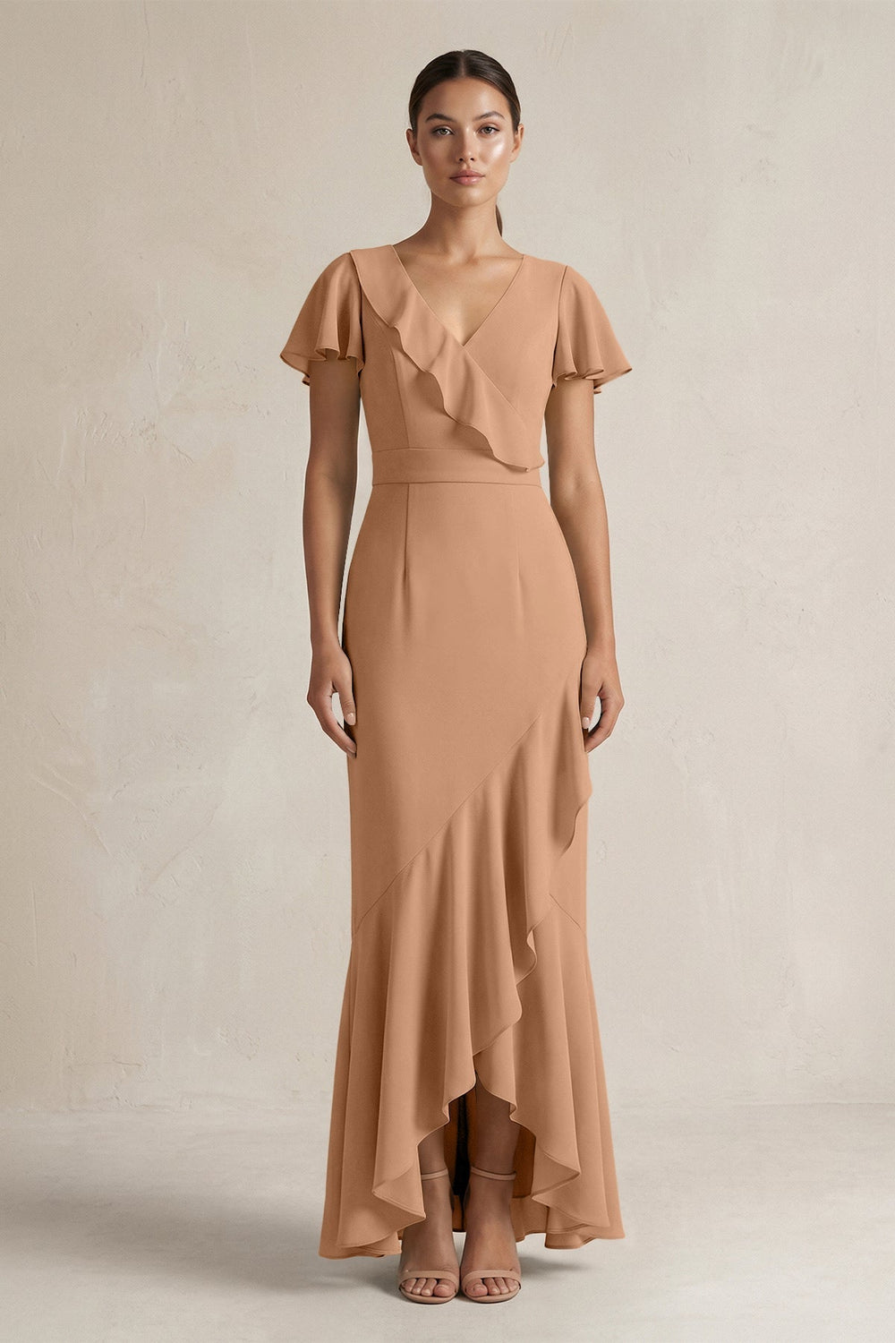 Rufffled V-Neck Sheath Chiffon Bridesmaid Dress in Bronzer