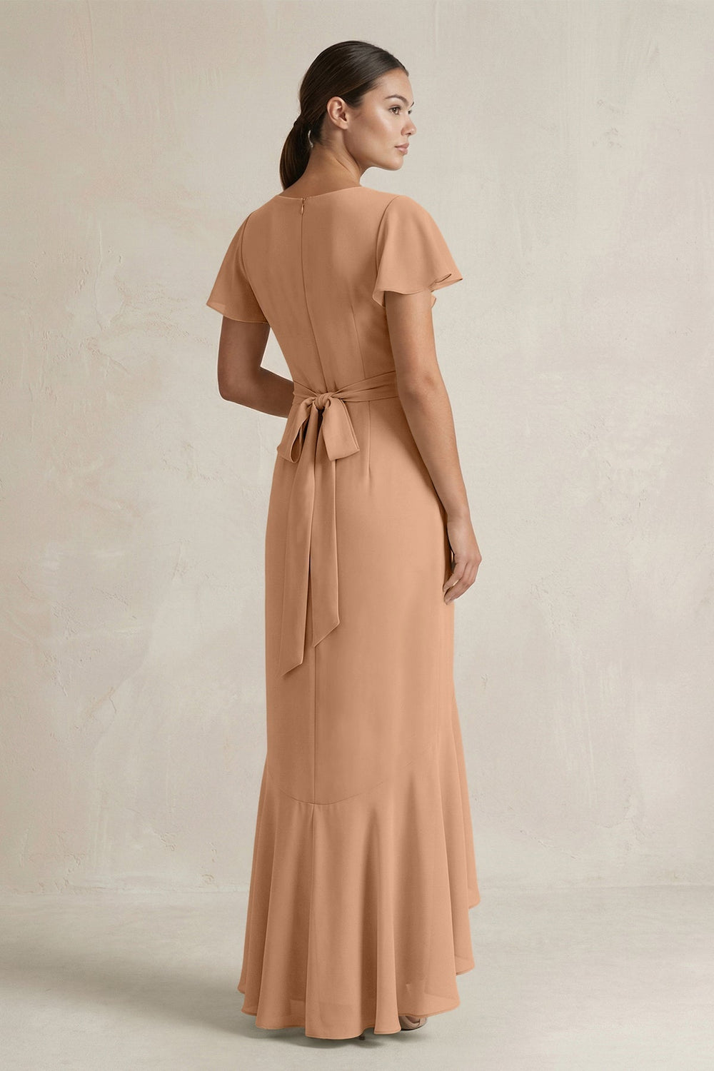 Rufffled V-Neck Sheath Chiffon Bridesmaid Dress in Bronzer