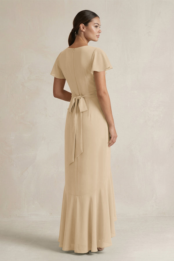 Rufffled V-Neck Sheath Chiffon Bridesmaid Dress in Champagne (2) | KISSBRIDAL