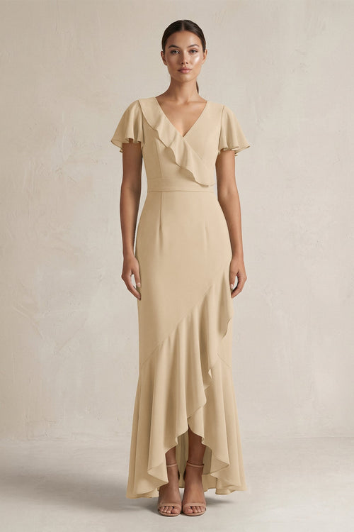 Rufffled V-Neck Sheath Chiffon Bridesmaid Dress in Champagne | KISSBRIDAL
