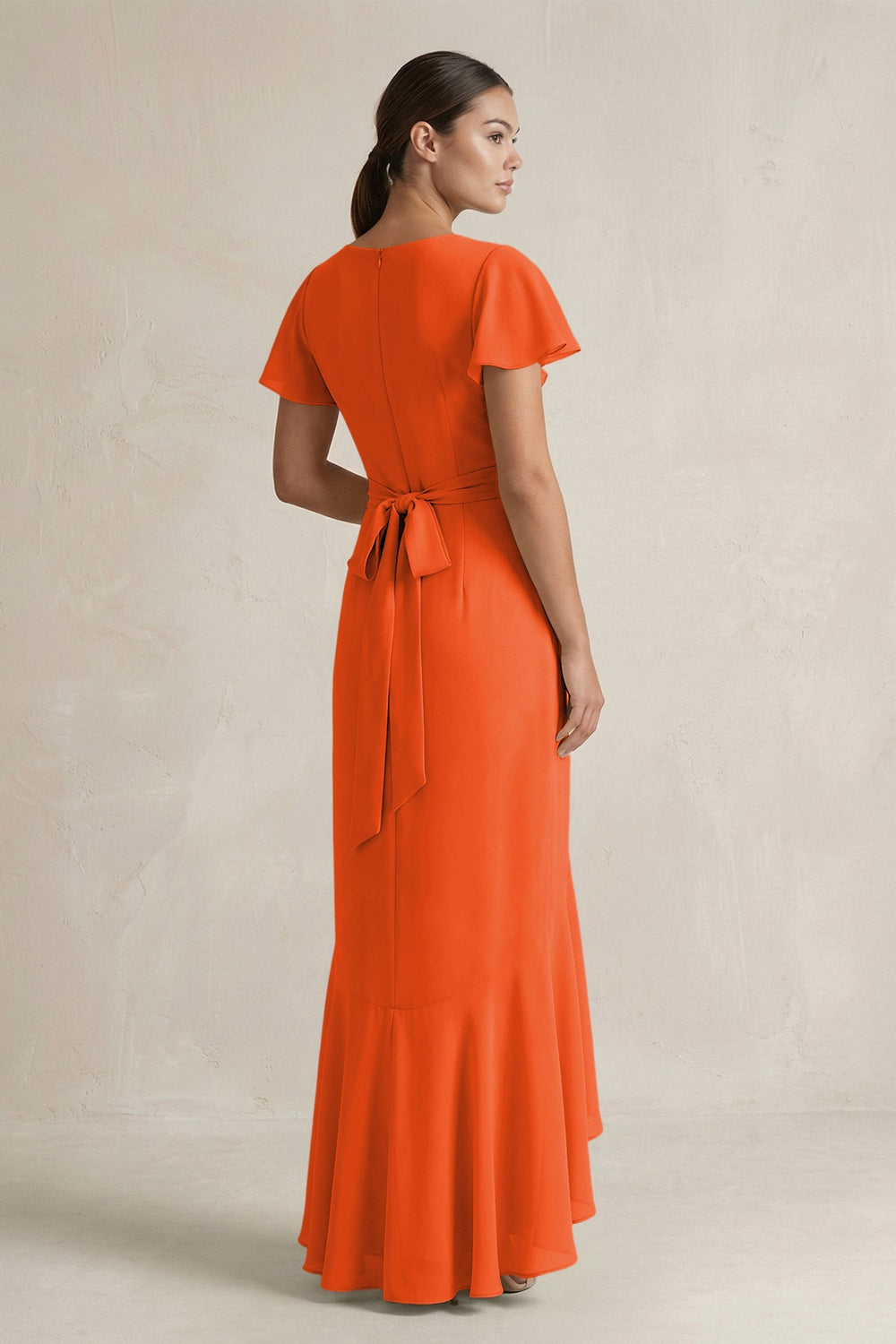 Rufffled V-Neck Sheath Chiffon Bridesmaid Dress in Cinnamon