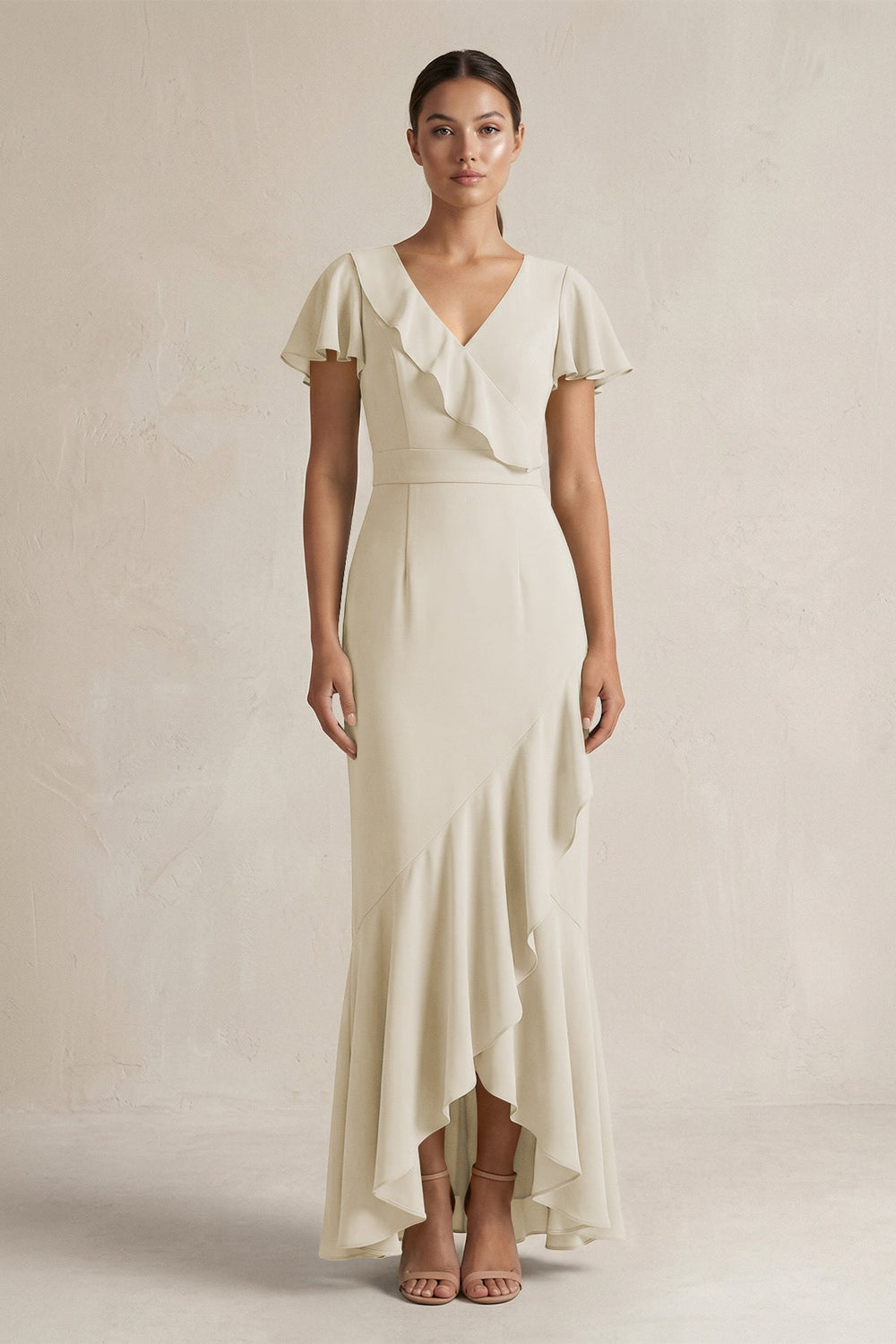 Rufffled V-Neck Sheath Chiffon Bridesmaid Dress in Dove Gray