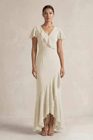 Rufffled V - Neck Sheath Chiffon Bridesmaid Dress in Dove Gray - KISS BRIDAL Bridesmaid Dresses