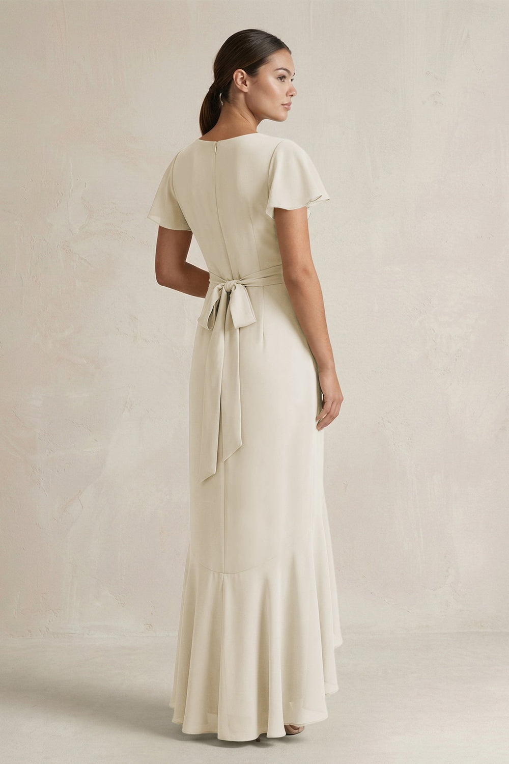 Rufffled V-Neck Sheath Chiffon Bridesmaid Dress in Dove Gray