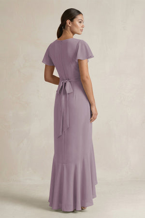 Rufffled V-Neck Sheath Chiffon Bridesmaid Dress in Dusk (2) | KISSBRIDAL