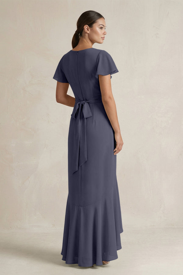 Rufffled V - Neck Sheath Chiffon Bridesmaid Dress in Dusk Blue - KISS BRIDAL Bridesmaid Dresses