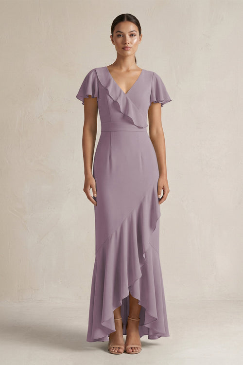 Rufffled V-Neck Sheath Chiffon Bridesmaid Dress in Dusk | KISSBRIDAL