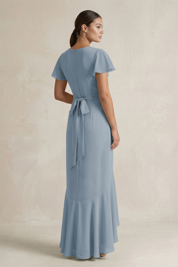 Rufffled V-Neck Sheath Chiffon Bridesmaid Dress in Dusty Blue (2) | KISSBRIDAL