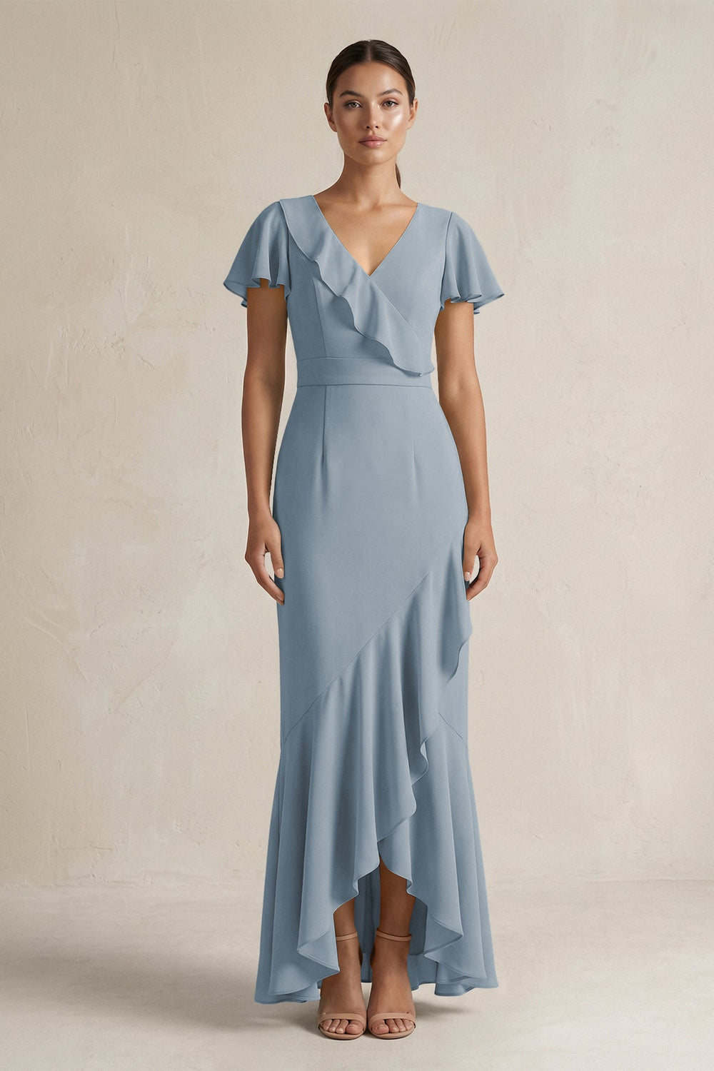 Rufffled V-Neck Sheath Chiffon Bridesmaid Dress in Dusty Blue