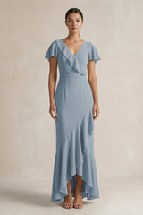 Rufffled V-Neck Sheath Chiffon Bridesmaid Dress in Dusty Blue | KISSBRIDAL