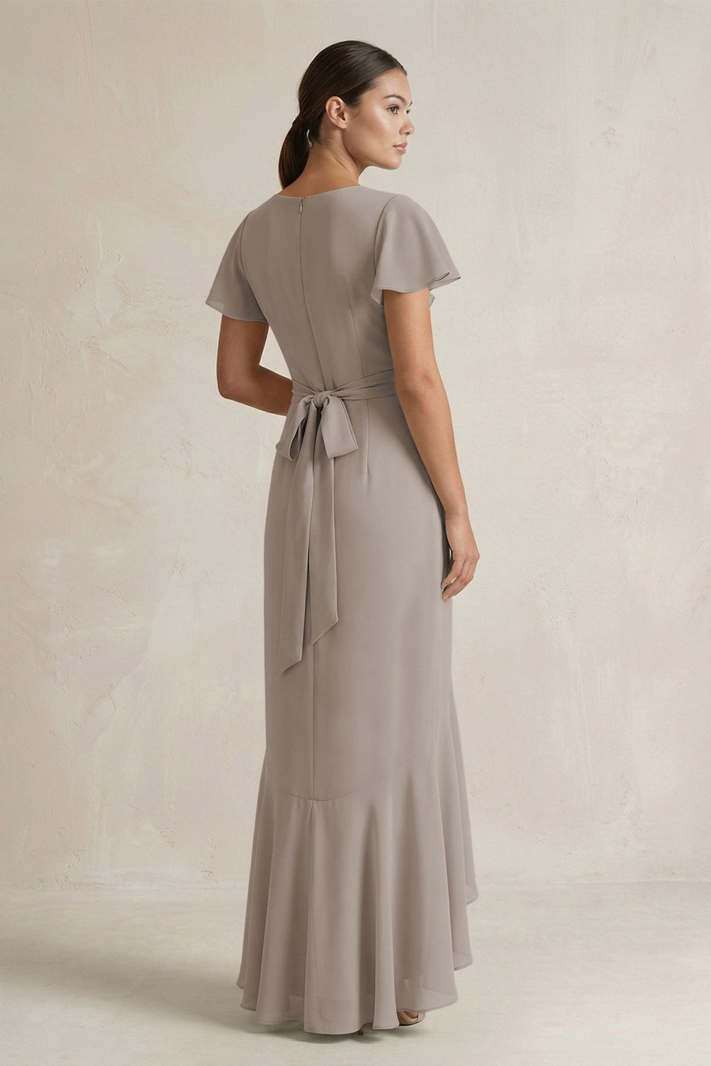 Rufffled V-Neck Sheath Chiffon Bridesmaid Dress in Frost