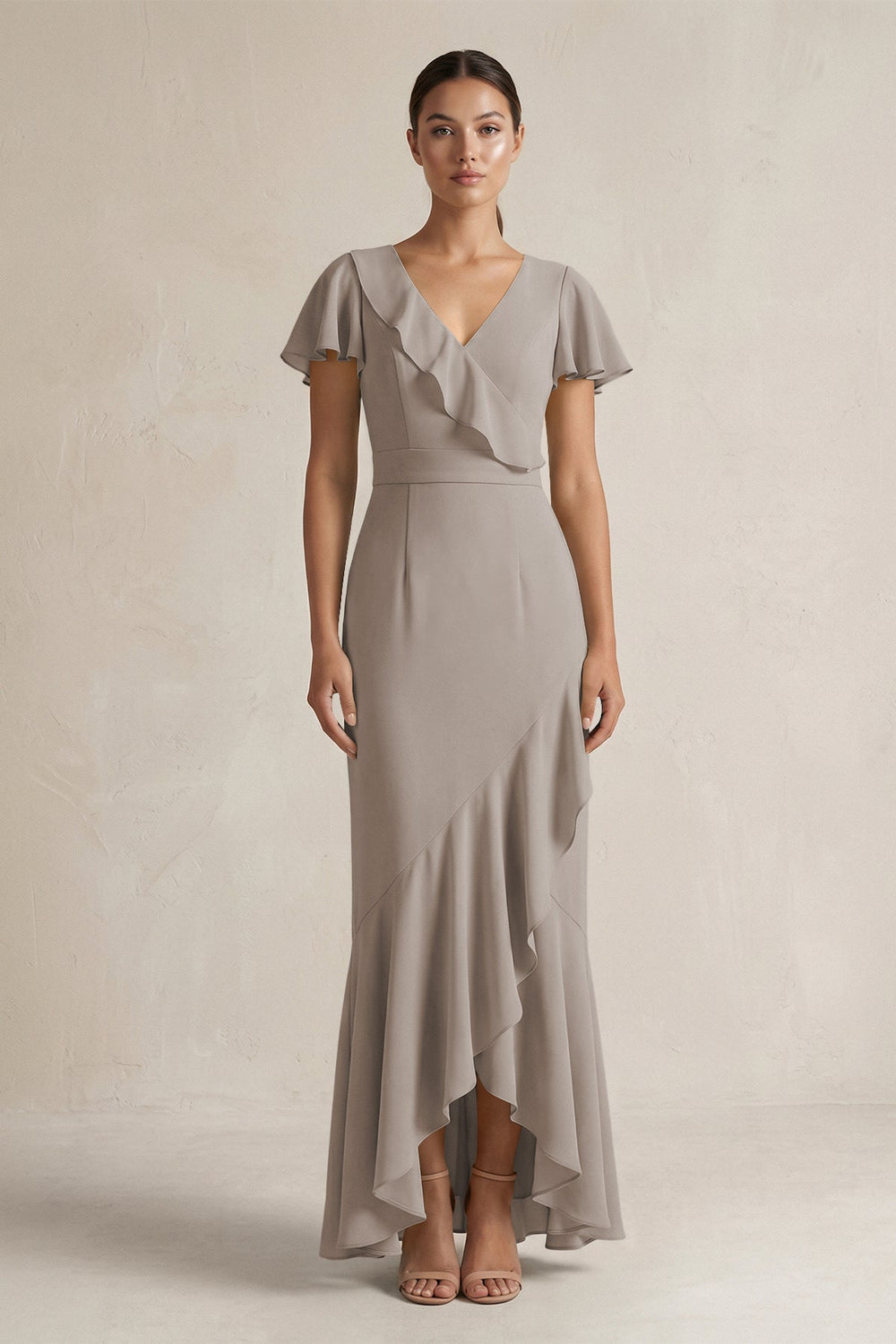 Rufffled V-Neck Sheath Chiffon Bridesmaid Dress in Frost