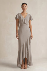 Rufffled V-Neck Sheath Chiffon Bridesmaid Dress in Frost | KISSBRIDAL