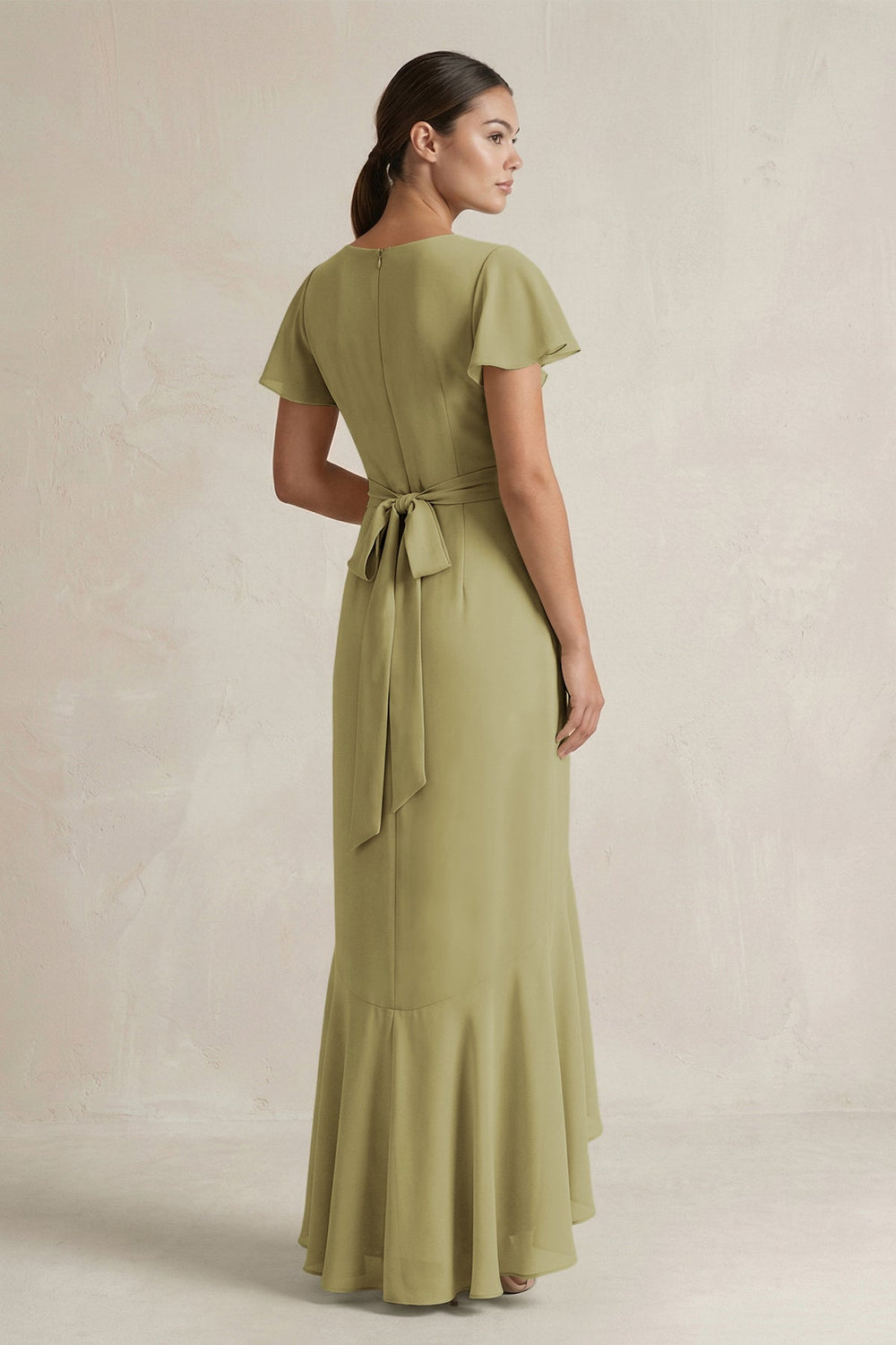 Rufffled V-Neck Sheath Chiffon Bridesmaid Dress in Moss Green