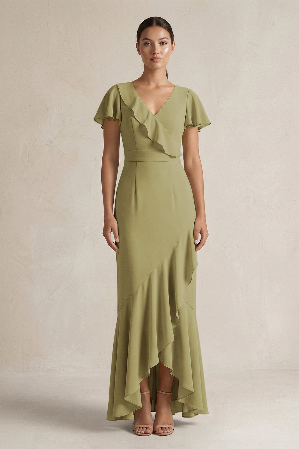 Rufffled V-Neck Sheath Chiffon Bridesmaid Dress in Moss Green