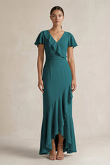 Rufffled V - Neck Sheath Chiffon Bridesmaid Dress in Pine - KISS BRIDAL Bridesmaid Dresses