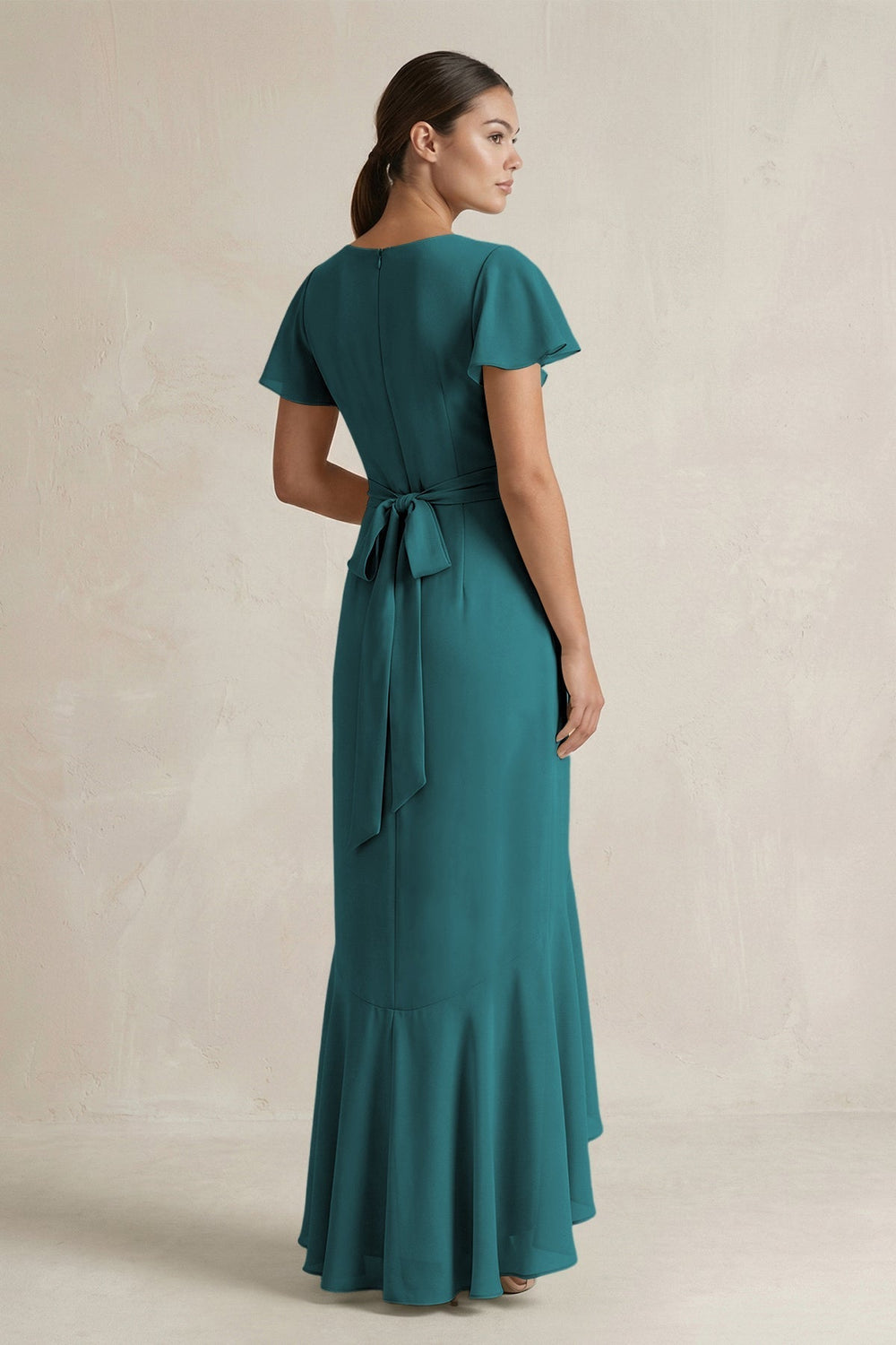 Rufffled V-Neck Sheath Chiffon Bridesmaid Dress in Pine