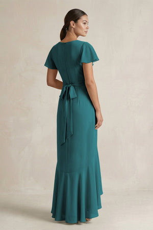 Rufffled V - Neck Sheath Chiffon Bridesmaid Dress in Pine - KISS BRIDAL Bridesmaid Dresses