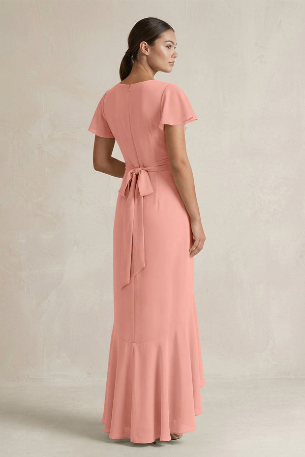 Rufffled V-Neck Sheath Chiffon Bridesmaid Dress in Rosette (2) | KISSBRIDAL
