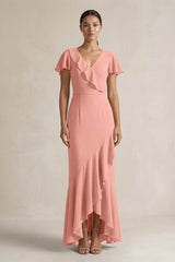 Rufffled V-Neck Sheath Chiffon Bridesmaid Dress in Rosette | KISSBRIDAL