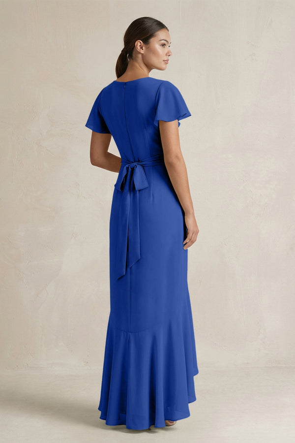 Rufffled V - Neck Sheath Chiffon Bridesmaid Dress in Royal Blue - KISS BRIDAL Bridesmaid Dresses