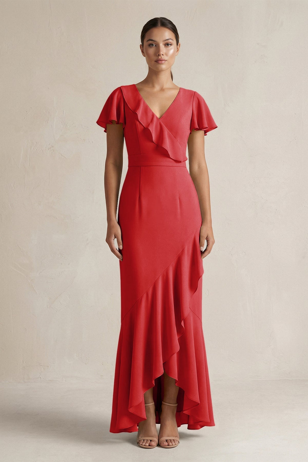Rufffled V-Neck Sheath Chiffon Bridesmaid Dress in Ruby Red
