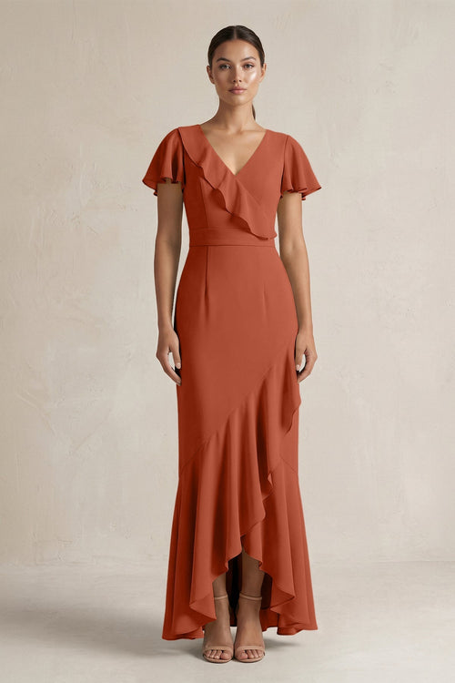Rufffled V - Neck Sheath Chiffon Bridesmaid Dress in Spice - KISS BRIDAL Bridesmaid Dresses