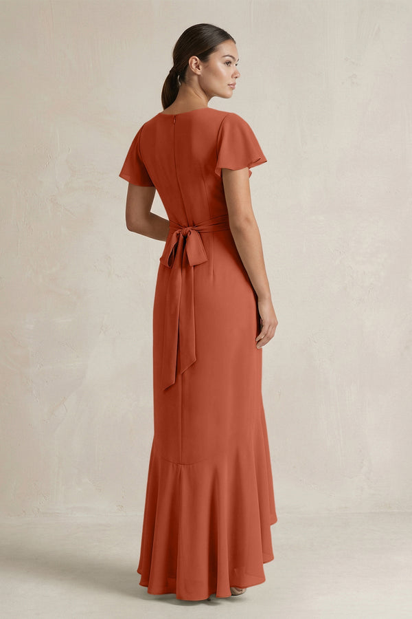 Rufffled V - Neck Sheath Chiffon Bridesmaid Dress in Spice - KISS BRIDAL Bridesmaid Dresses