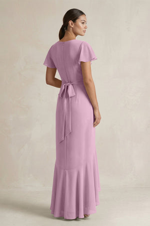 Rufffled V - Neck Sheath Chiffon Bridesmaid Dress in Wisteria - KISS BRIDAL Bridesmaid Dresses