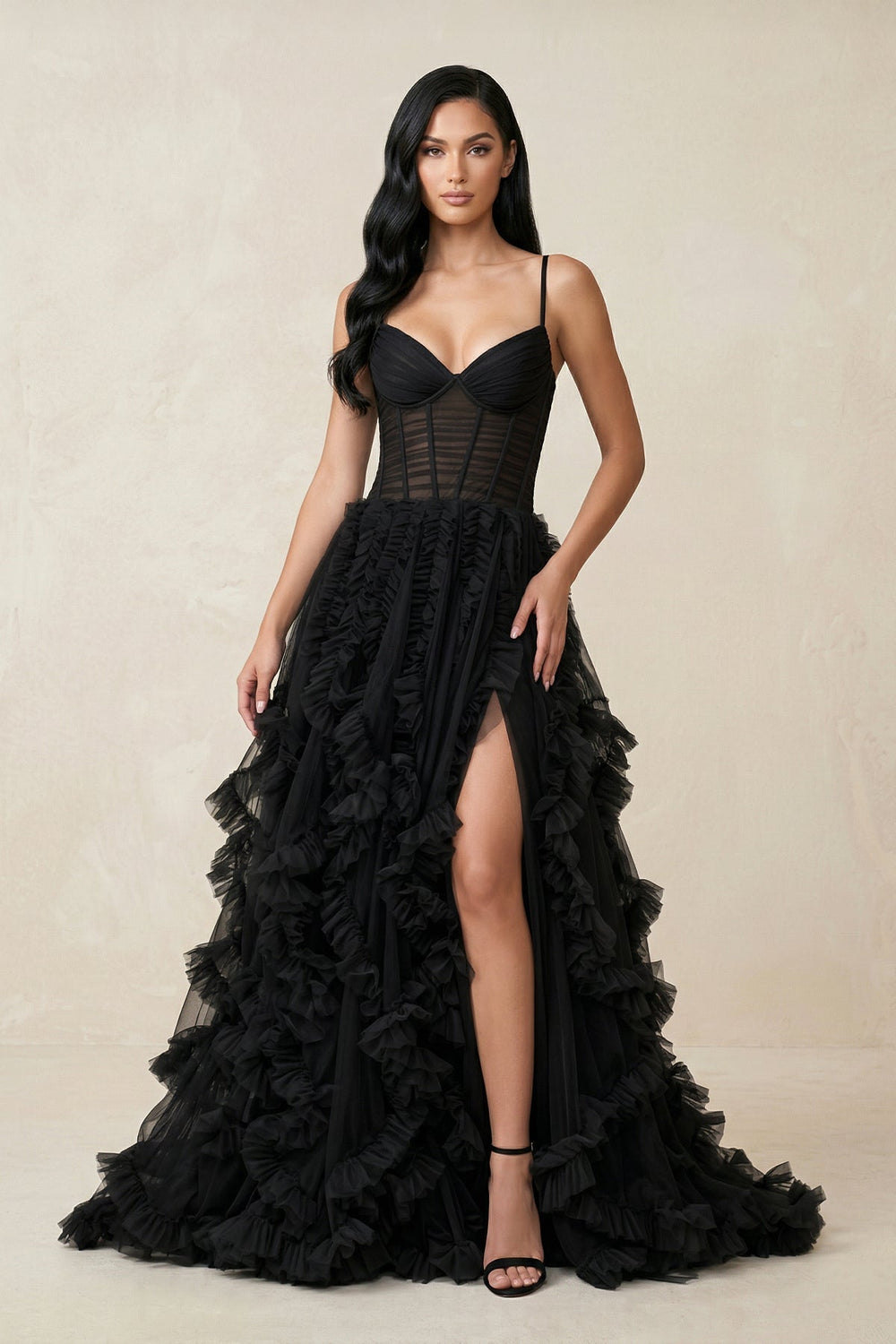 Ruffled A-Line Tulle Sweetheart Wedding Dress with Slit in Black