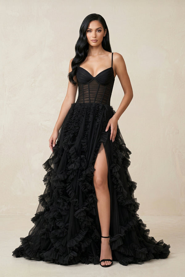 Ruffled A - Line Tulle Sweetheart Wedding Dress with Slit in Black - KISS BRIDAL Wedding Dresses