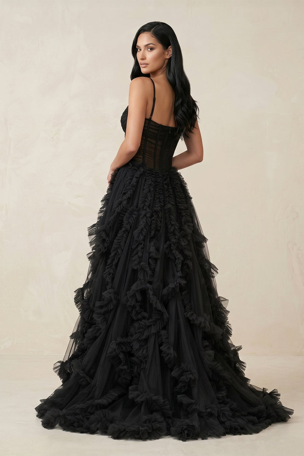 Ruffled A-Line Tulle Sweetheart Wedding Dress with Slit in Black