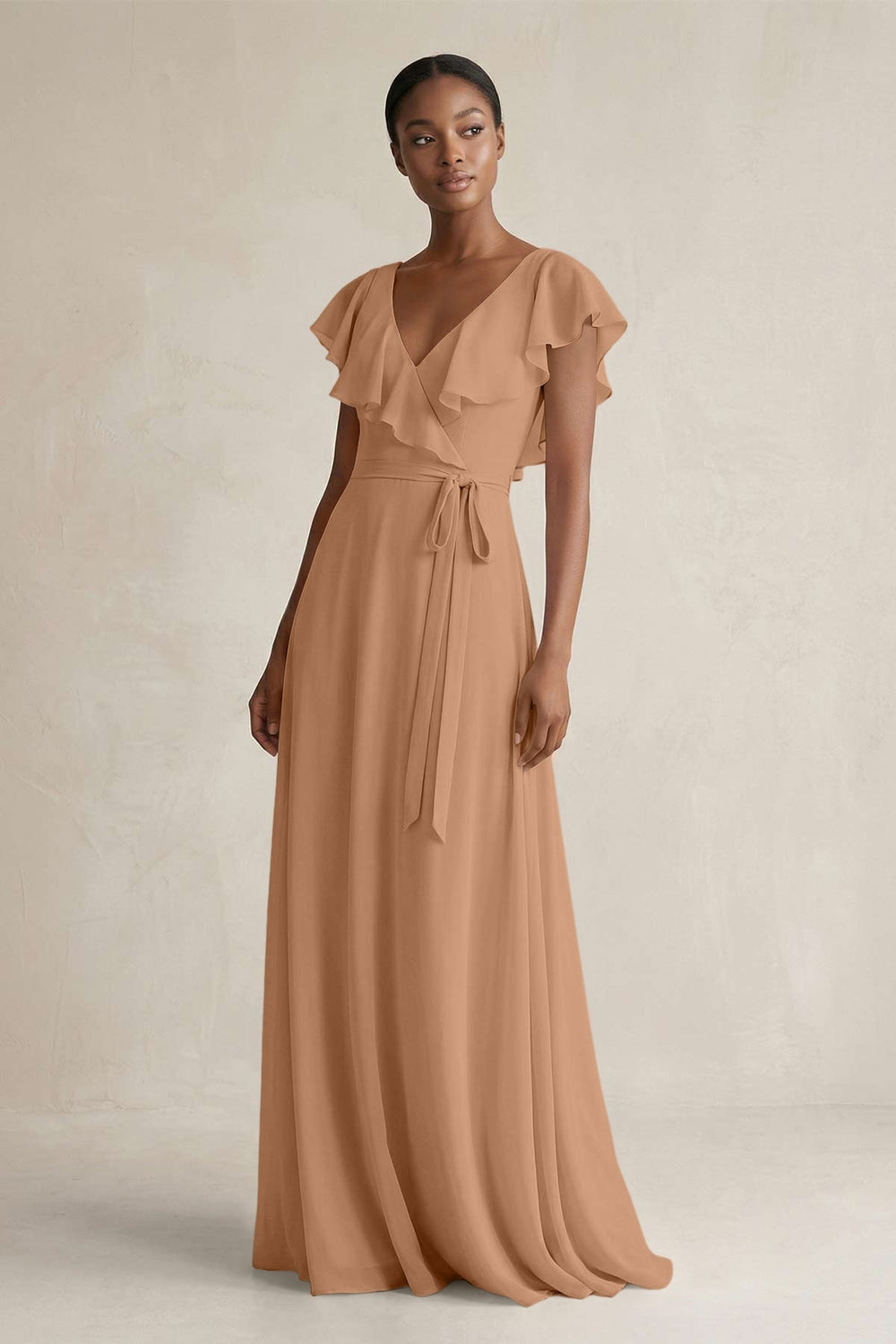 A-Line V-Neck Ruffled Sleeve Chiffon Bridesmaid Dress in Bronzer