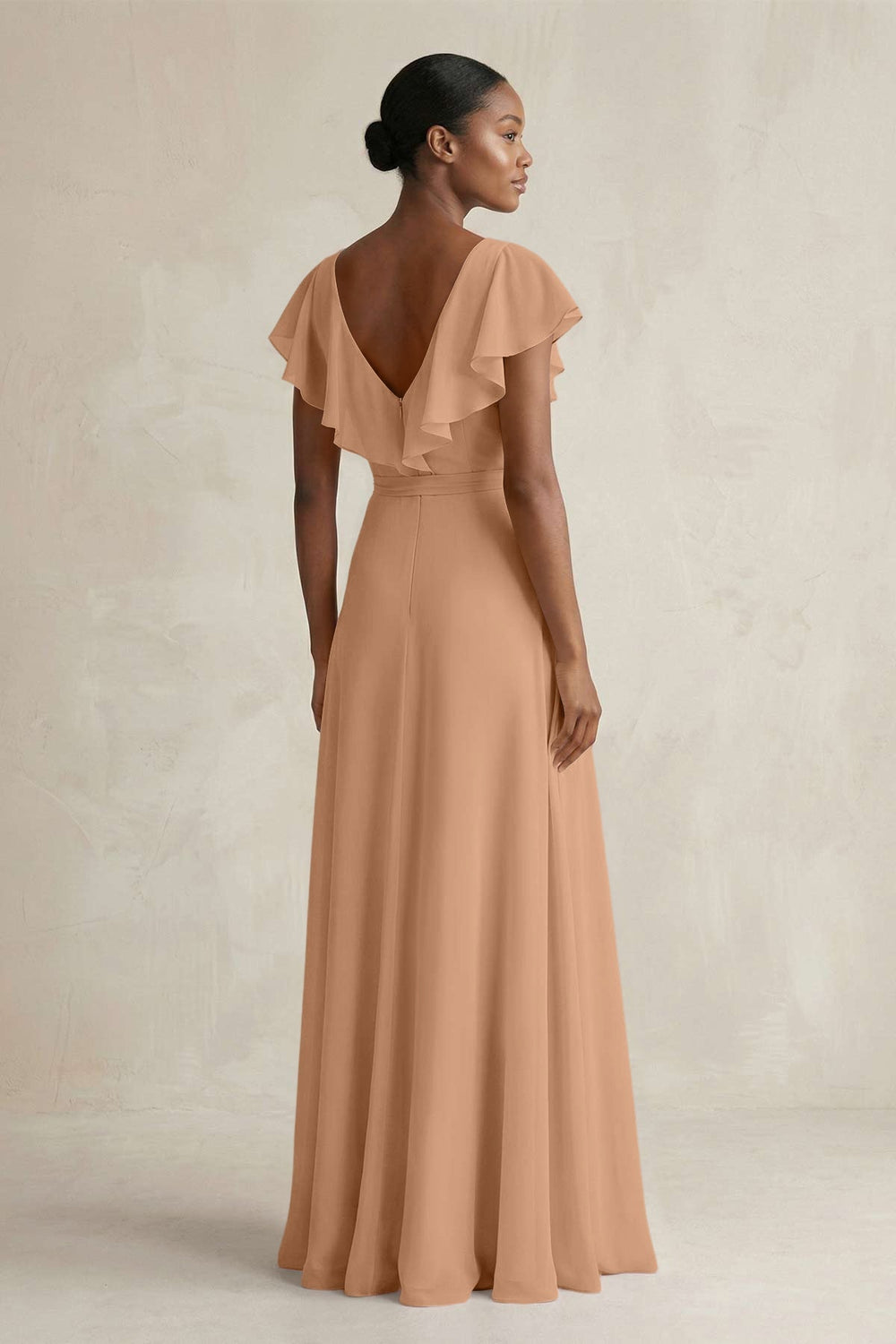 A-Line V-Neck Ruffled Sleeve Chiffon Bridesmaid Dress in Bronzer