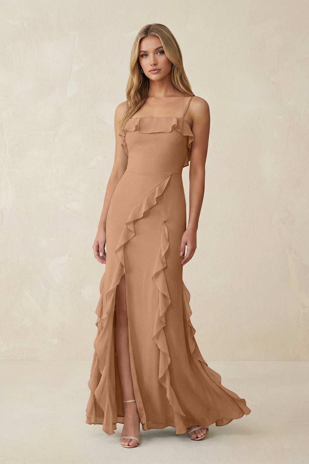 Ruffled Cami Strap Chiffon Sheath Bridesmaid Dress in Bronzer
