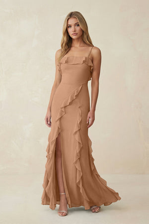 Ruffled Cami Strap Chiffon Sheath Bridesmaid Dress in Bronzer - KISS BRIDAL Bridesmaid Dresses