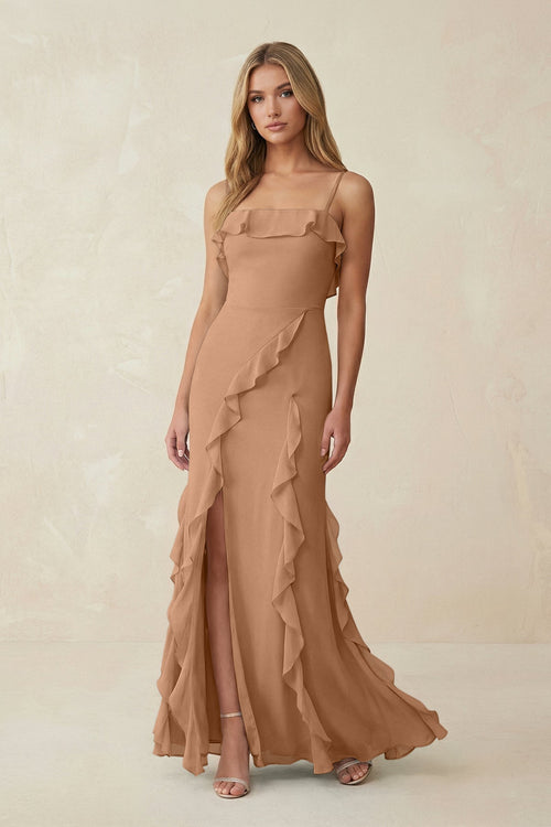 Ruffled Cami Strap Chiffon Sheath Bridesmaid Dress in Bronzer - KISS BRIDAL Bridesmaid Dresses