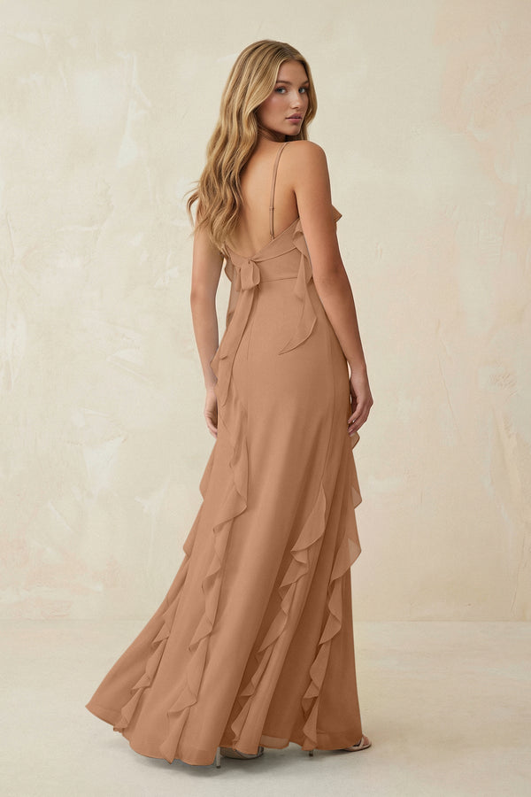 Ruffled Cami Strap Chiffon Sheath Bridesmaid Dress in Bronzer - KISS BRIDAL Bridesmaid Dresses