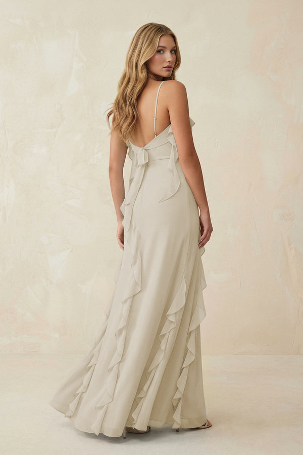 Ruffled Cami Strap Chiffon Sheath Bridesmaid Dress in Dove Gray - KISS BRIDAL Bridesmaid Dresses