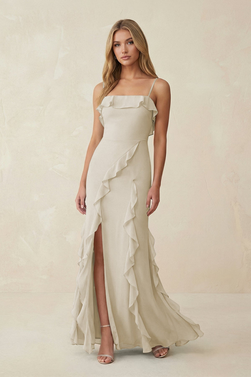 Ruffled Cami Strap Chiffon Sheath Bridesmaid Dress in Dove Gray