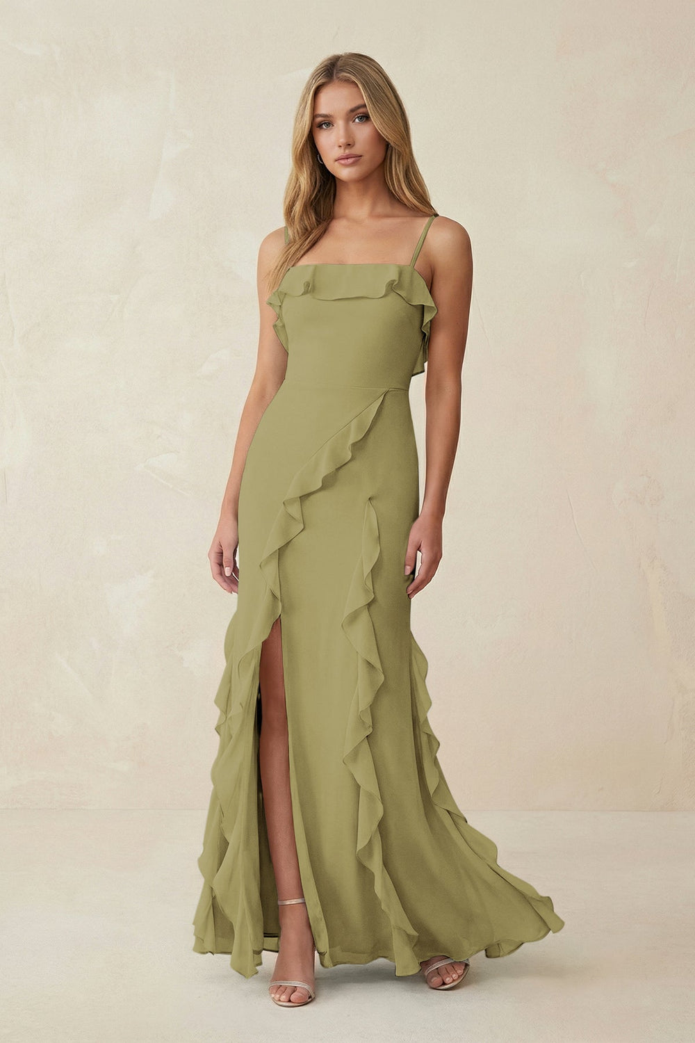 Ruffled Cami Strap Chiffon Sheath Bridesmaid Dress in Moss Green