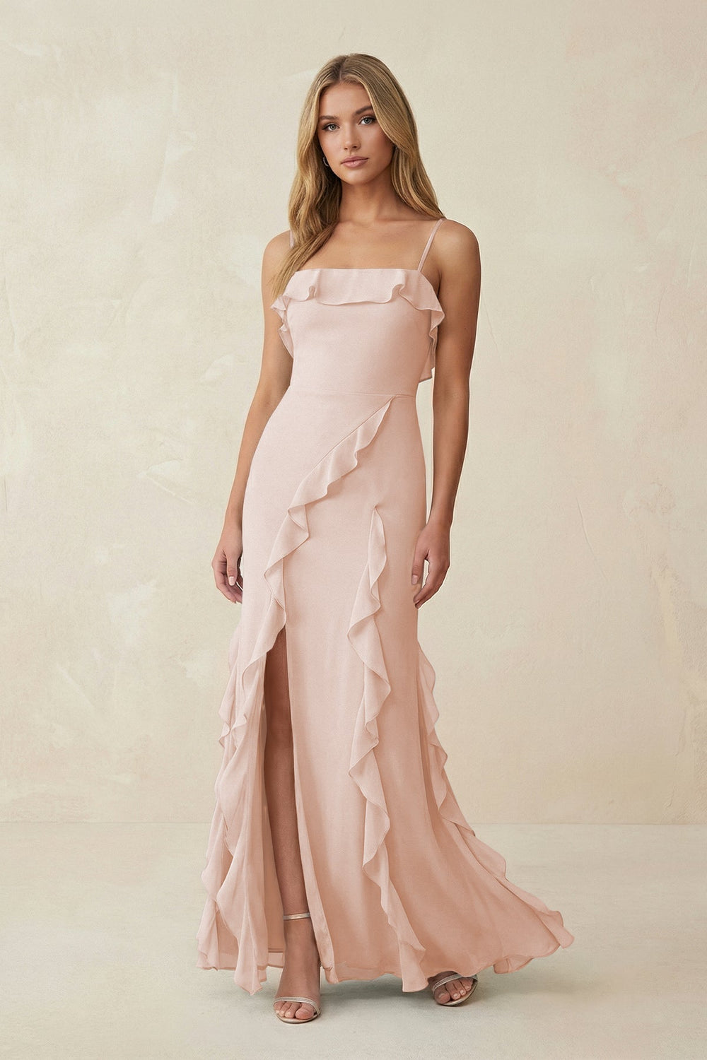 Ruffled Cami Strap Chiffon Sheath Bridesmaid Dress in Pale Blush