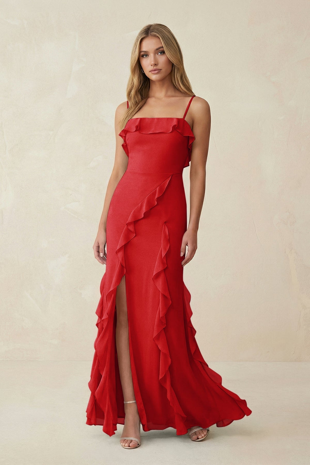 Ruffled Cami Strap Chiffon Sheath Bridesmaid Dress in Ruby Red