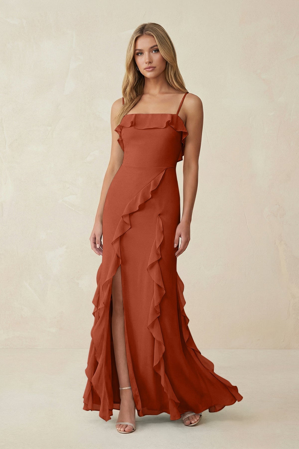 Ruffled Cami Strap Chiffon Sheath Bridesmaid Dress in Spice