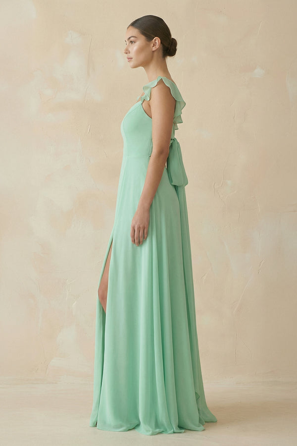 Ruffled Chiffon A - Line Long Bridesmaid Dress - KISS BRIDAL Bridesmaid Dresses
