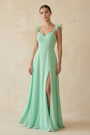 Ruffled Chiffon A - Line Long Bridesmaid Dress - KISS BRIDAL Bridesmaid Dresses